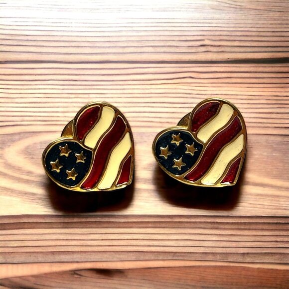 Avon Jewelry - Vintage Avon American Flag Lapel Pin Set of Two Heart USA Flag Brooch